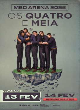 Imagem de cartaz da banda Os Quatro e Meia em posi&ccedil;&atilde;o de abra&ccedil;o sobre uma ilha flutuante.
