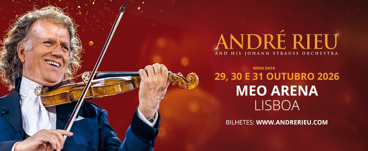 Imagem de cartaz do evento de Andr&eacute; Rieu com a Orquestra Johann Strauss, apresentando o violinista em destaque acima da orquestra. O cartaz est&aacute; repleto de cores vibrantes, capturando a ess&ecirc;ncia elegante do espet&aacute;culo.