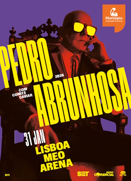 Imagem de cartaz do concerto de Pedro Abrunhosa com fundo preto e texto em letras amarelas "A Canção é um Lugar". Pedro Abrunhosa numa pose confiante.